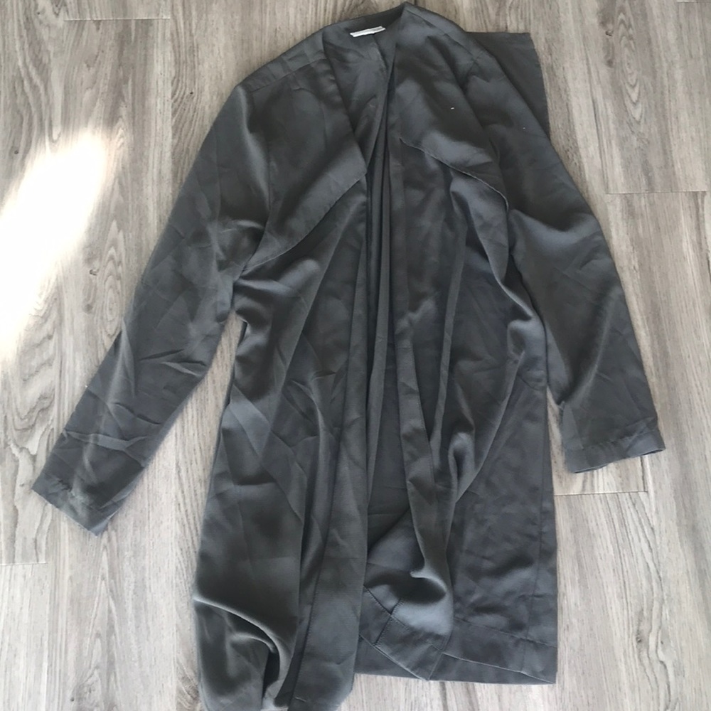 Olive colored long sleeve long duster